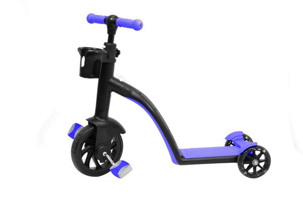 Детский самокат велосипед беговел трансформер 3 в 1 (светящиеся колеса в движении) (Синий)