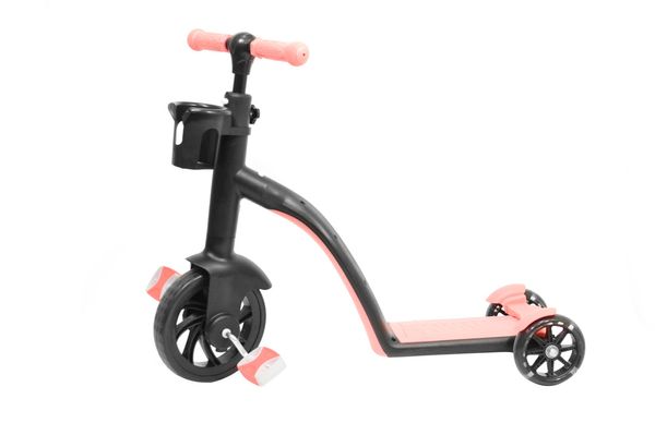 Дитячий самокат велосипед беговел трансформер 3 в 1 (світяться колеса в русі) (Рожевий)